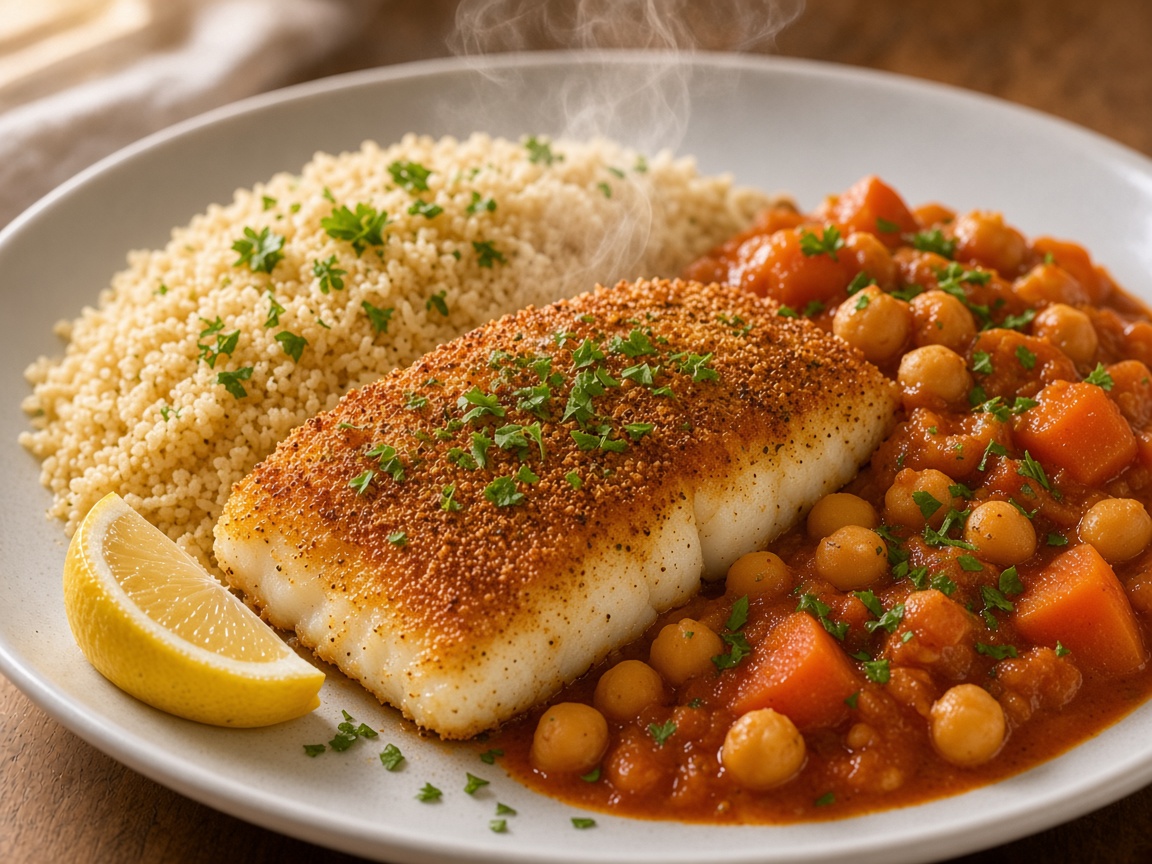 Moroccan-Spiced Fish with Chickpeas on Couscous — homemade meal, Laval kitchen