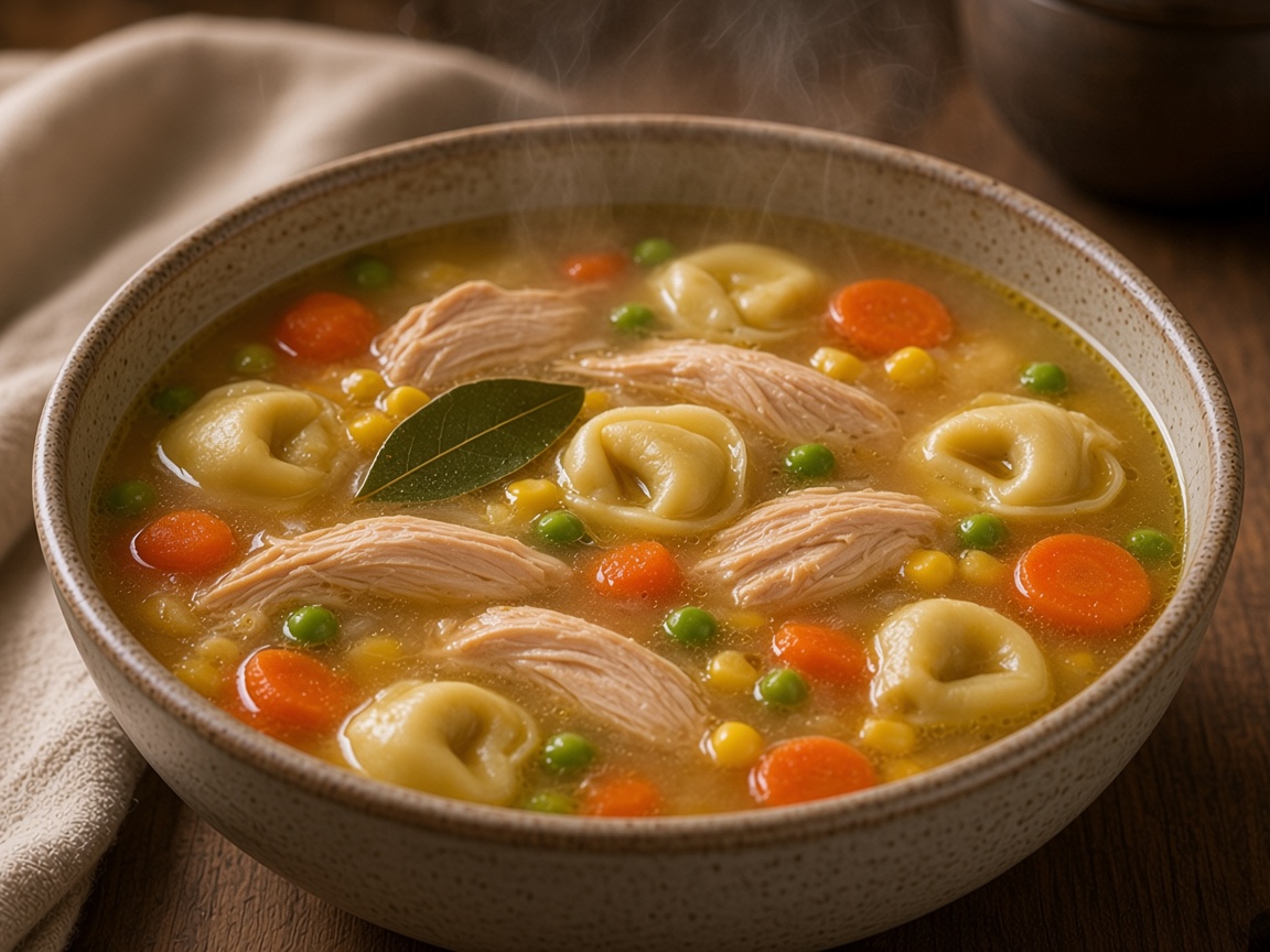 Soupe au poulet rôti et tortellini — plat maison, cuisine de Laval