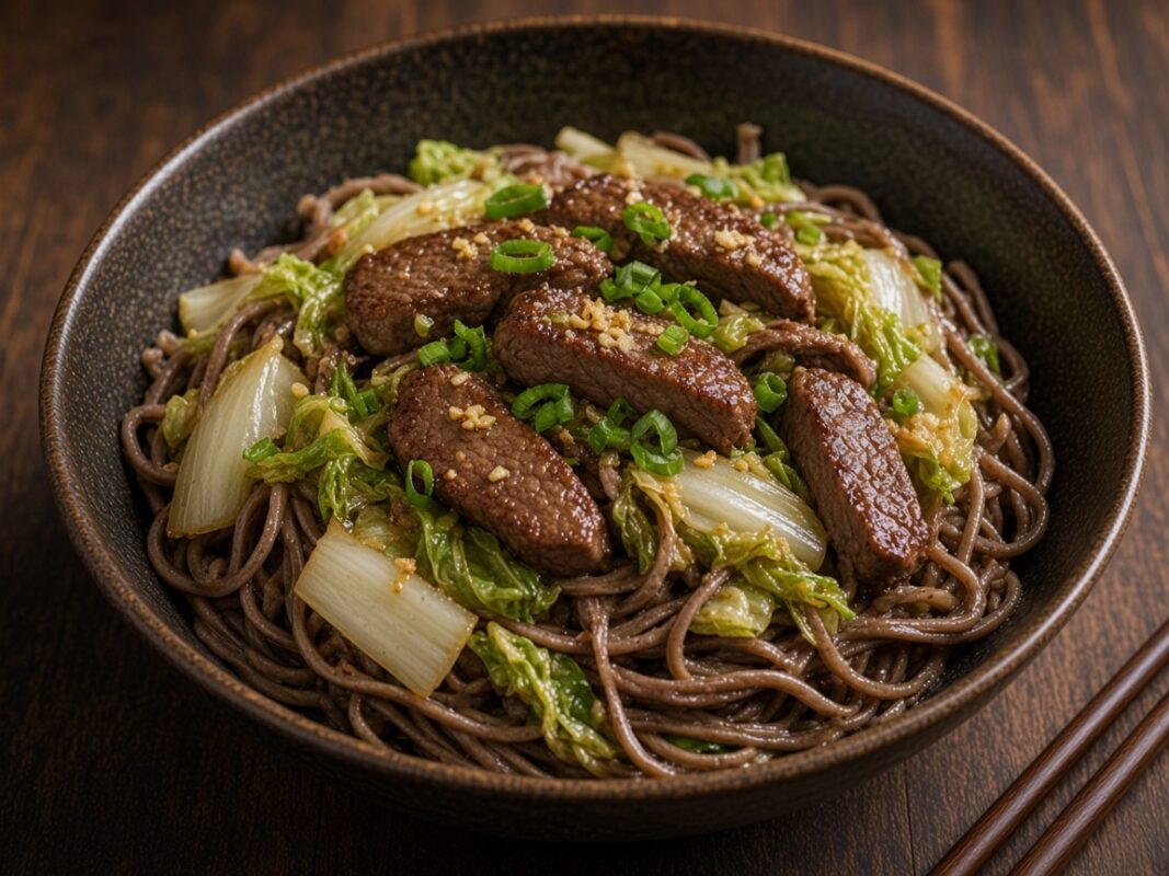Nouilles soba sautées au bœuf et au chou — plat maison, cuisine de Laval